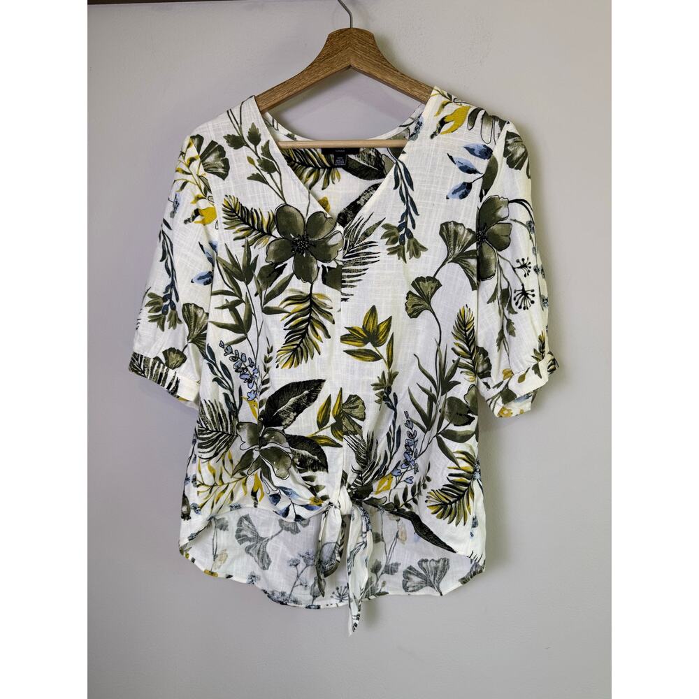 Haver London Floral Tie Front Blouse Medium Linen Blend Cottagecore - Picture 2 of 5